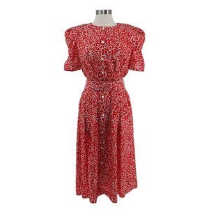 Vintage 80s Red Geometric Print Short Sleeve Belted Button Down Dress Size M